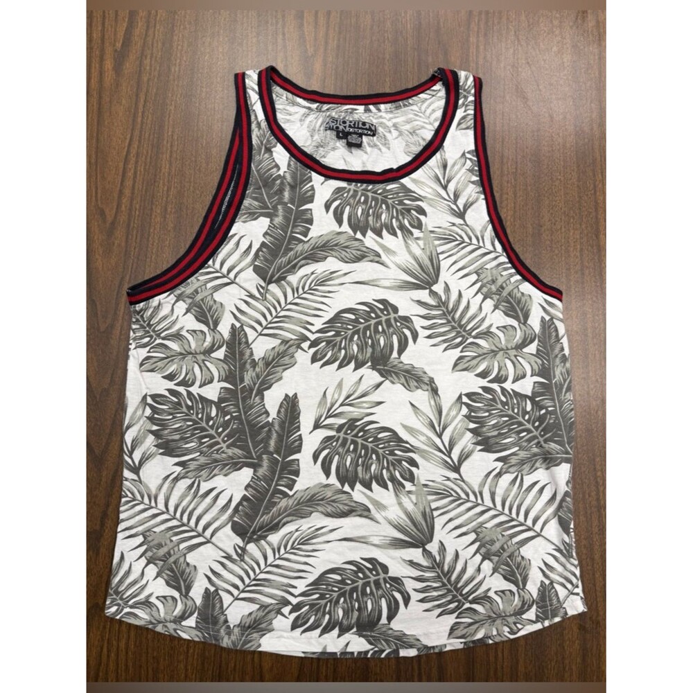 Distortion Men’s Gray Tropical Print Tank Top with Red Trim Size Large